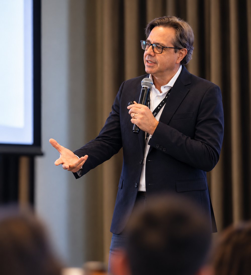 Pedro Paulo Cunha falando a uma plateia durante palestra